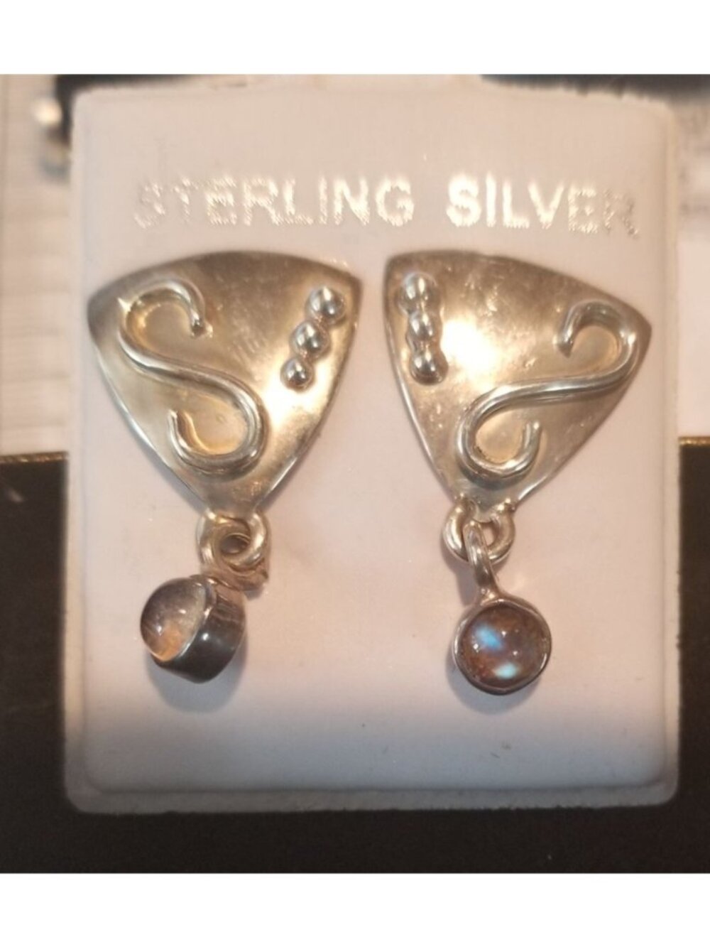 Earrings Silver MoonStone  4.5 Gr  22.5  ct  2.5  cm  x 1.5  cm  Triangle Drop